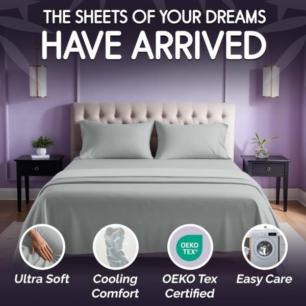 SLEEP SANCTUARY 100% Organic Viscose Derived from Bamboo Sheets King Size 6pcs - Ultra Soft & Cooling, 17" Deep Pocket, Double Stitching, Perfect for Hot Sleepers - King Bed Sheets (Light Grey) - Image 2