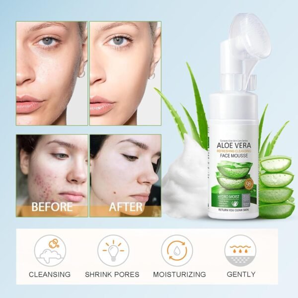 Aloe Vera Foaming Face Wash - Organic Foaming Facial Cleanser with Silicone Brush, Natural Face Wash for Women/Girls Clean Oil & Makeup, Soothing Skin, Foaming Cleanser Hydration for Sensitive Skin - Image 4