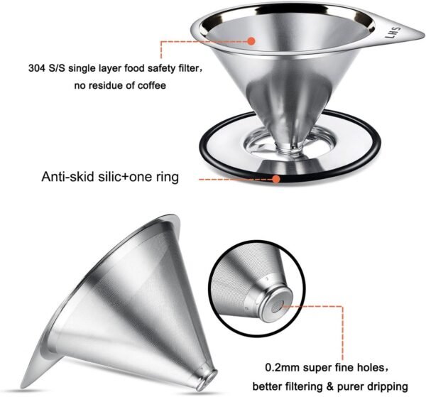 LHS Pour Over Coffee Dripper Stainless Steel Coffee Filter Paperless Reusable Coffee Filter Pour Over Coffee Maker for Single Cup Brew Cone Filter, 2 Pack - Image 2