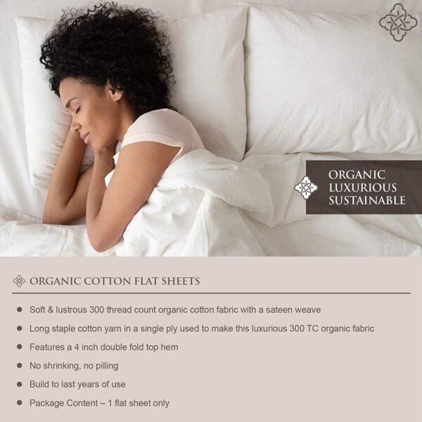 BIOWEAVES 100% Organic Cotton 1 Flat Sheet Only, 300 Thread Count Soft Sateen Weave GOTS Certified Top Sheet - White, Full - Image 3
