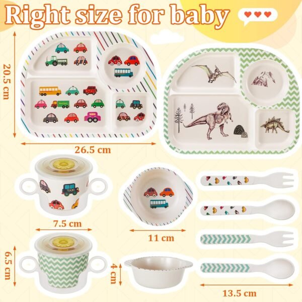 Roshtia 10 Pcs Cartoon Bamboo Kids Dinnerware Set Dinosaur Car Plate and Bowl Set Dishwasher Safe Kids Dish Set Toddler Plates and Utensils Set Car Dinosaur Forks and Spoons for Kids with Cup - Image 2