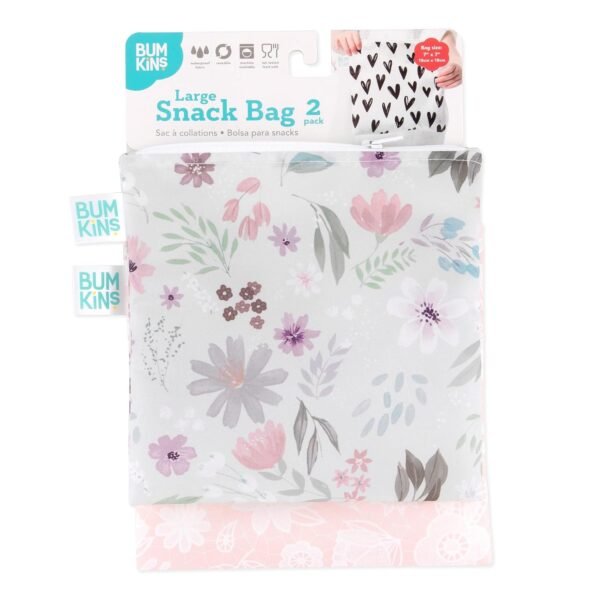 Bumkins Reusable Sandwich and Snack Bags, for Kids School Lunch and for Adults Portion, Washable Fabric, Waterproof Cloth Zip Bag, Travel Pouch, Food-Safe Storage, Large 2-pk Floral and Lace - Image 6
