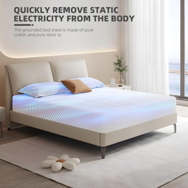 Grounding Fitted Sheets 90% Organic Cotton+10% Pure Silver Fiber, Grounded Sheets with Grounding Cord, Bed Grounding Kit for Healthy Sleep Therapy (Beige, Queen XL) - Image 5