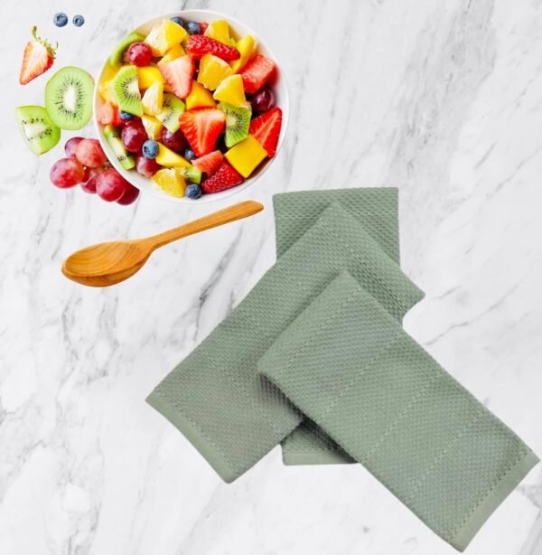 Sage Green Kitchen Dish Towels: 100% Cotton Cloth Soft Cleaning Drying Absorbent Textured Terry Loop, Set of 3 Multipurpose for Everyday Use - Image 4