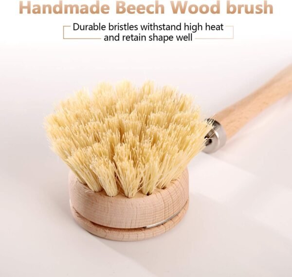Dish Brush with Beechwood Handle with 2 Replacement Heads Natural Wood Dish Scrub Brush for Washing and Cleaning Pots and Pans - Image 6