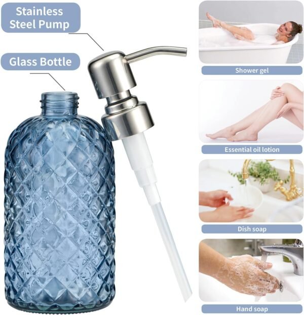 12oz Kitchen Glass Soap Bottle, Bathroom Soap Dispenser, 304 Rustproof Stainless Steel Pump, Refillable Liquid Glass Soap Dispenser Hand sanitizer Dispenser(Blue Grey) - Image 9