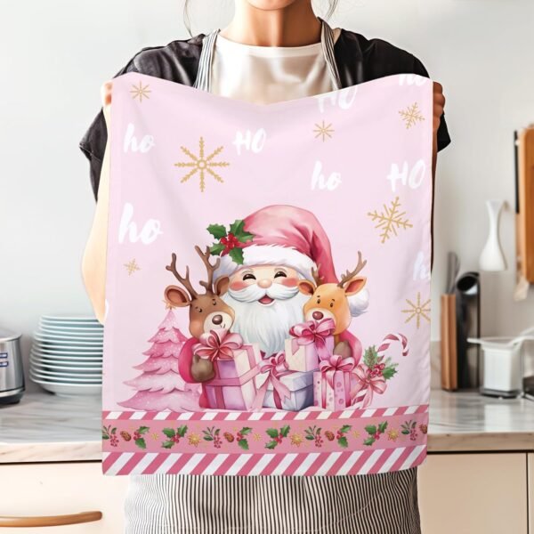 2 Pcs Pink Santa Kitchen Towel 100% Cotton Winter Christmas Absorbent Dish Towel 27.5"x18.8"Housewarming Christmas Tree Decorative Hand Towel for Dining Home - Image 4