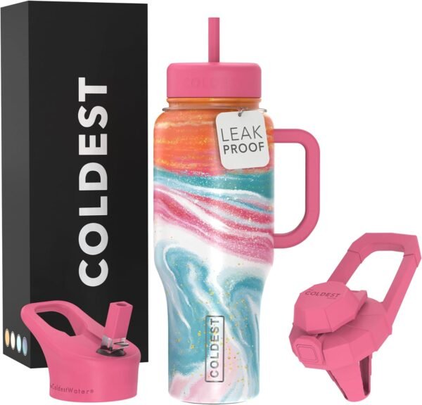 Coldest Tumbler with Handle and Straw Lid 3 Lids Insulated Reusable Stainless Steel Water Bottle Travel Mug | Gifts for Women Him Her | Limitless Collection (36oz, Amethyst)