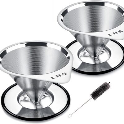 LHS Pour Over Coffee Dripper Stainless Steel Coffee Filter Paperless Reusable Coffee Filter Pour Over Coffee Maker for Single Cup Brew Cone Filter, 2 Pack