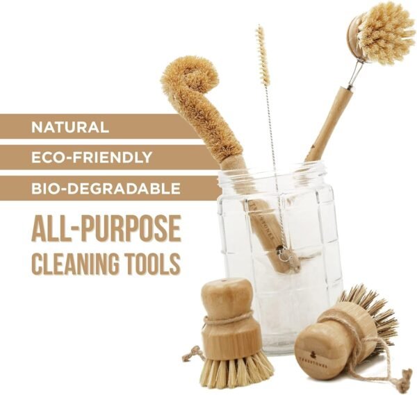 Natural Bamboo Dish Brush Set - Kitchen Dish Brush Set - Wooden Dish Brush Set with Holder - Bamboo Dish Scrub Brush - Wood Dish Brush Set - Bamboo Dish Brush with Holder - Eco Friendly Dish Brush - Image 2