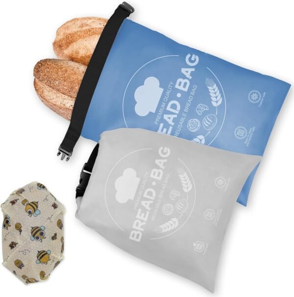 2 Pack Reusable Bread Bags for Homemade Bread with Beeswax Wraps for Food, Sourdough Bread Baking Supplies, Sourdough Bread Bags & Beeswax Wrap for Bread Storage,Grey and Blue