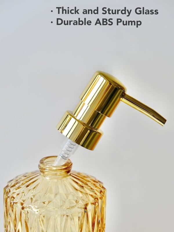 Clear Glass Soap Dispenser with Rust Proof Pump, Refillable Liquid Hand Gold Lotion Dispenser for Kitchen, Bathroom Countertop (Yellow Gold) - Image 4