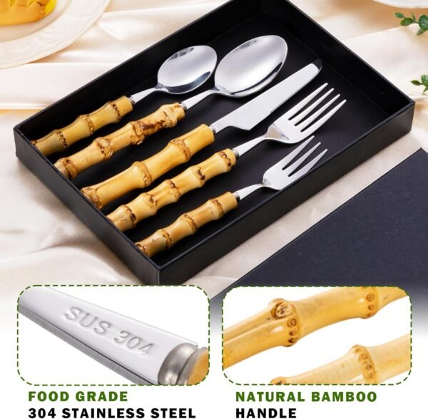 Silverware Set Bamboo Cutlery for 5 PCS, Premium Bamboo Handles Knife Forks and Spoons Silverware Set for Daily Use and Party, Flatware Set, Bamboo Silverware Utensils Set, Tableware Set - Image 3