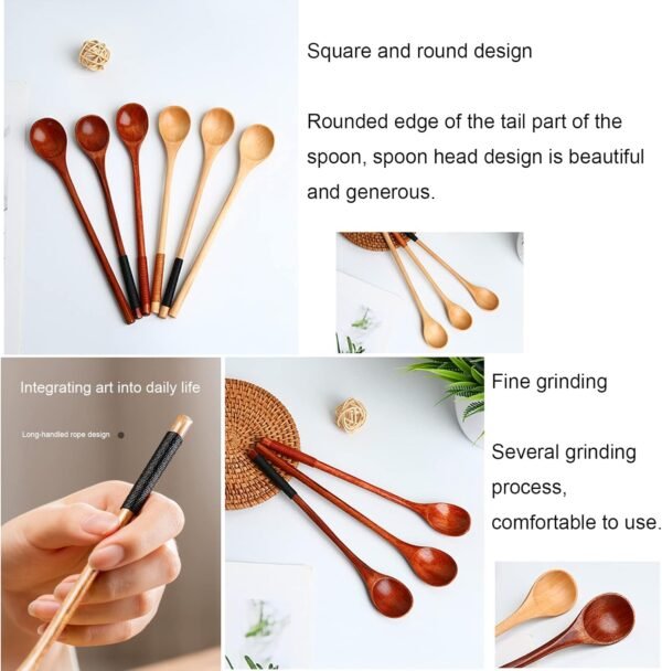 Wooden Spoons for Cooking,Wood Mixing Stirring Seasoning Spoons for Baking,Long Handle Wood Creative Coffee Spoon Ice Cream Dessert Spoon,Set of 6 - Image 4