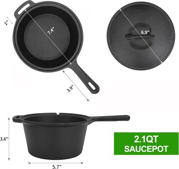 8 Piece Pre-Seasoned Dutch Oven Cooking Set Cast Iron Camping Kitchen Cookware Bakeware Skillets & Square Grill Pan w/Vintage Carrying Wood Box for Ourdoor Home BBQ Baking - Image 3