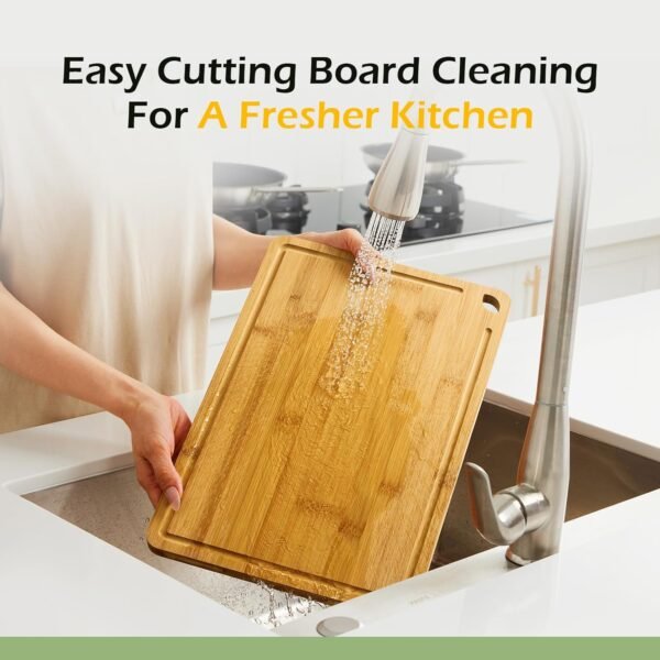 Medium Bamboo Cutting Board for Kitchen - 12 Inch Wood Cutting Boards with Juice Groove and Handles, Wooden Chopping Board for Meat, Cheese, Fruit & Vegetables (Pre Oiled, Natural) - Image 5