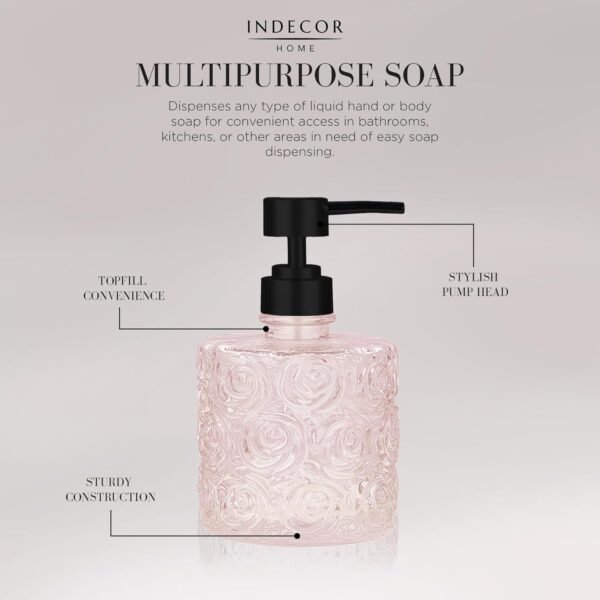 Marcella Glass Soap Dispenser with Soap Pump, Refillable 14 Ounce Capacity, Floral Design Rose Patterns, Heavy Weight Thick Glass for Bathroom, Premium Kitchen Soap Dispenser (Peach Blush) - Image 2