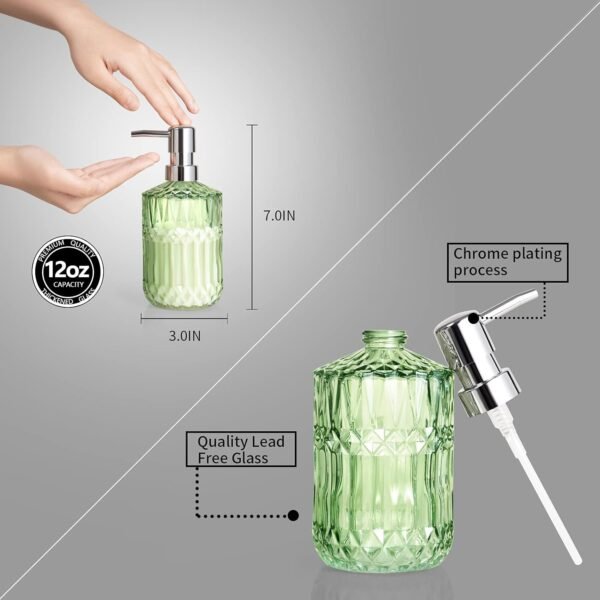 Diamond Design 12 Oz Green Glass Soap Dispenser,Refillable Lotion Soap Dispenser for Bathroom, Kitchen, Hand Soap, Dish Soap,Shampoo, Ideal for Bathroom Countertop. (Clear Gold) - Image 6