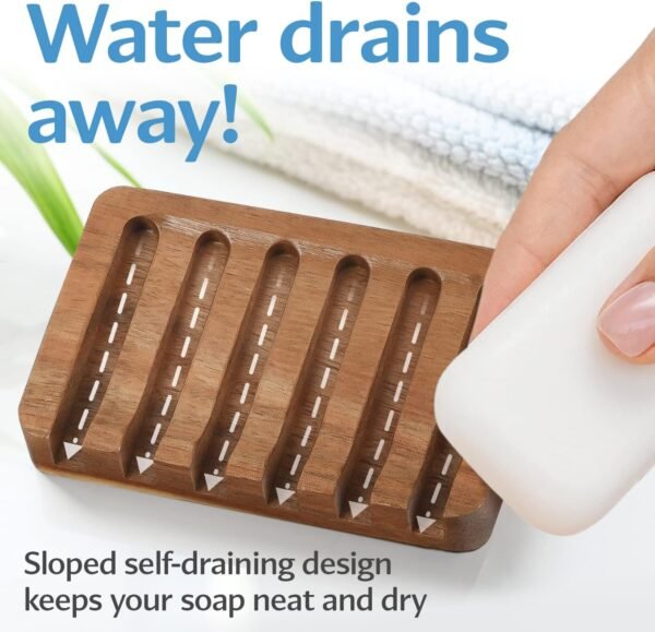 IMPRESA [3 Pack] Self Draining Soap Dish for Dry, Lasting Soap – Water-Proof Acacia Wood Soap Dishes – Vintage Sloped Design for Bathroom and Kitchen – Sturdy Soap Tray for Shower - Image 3