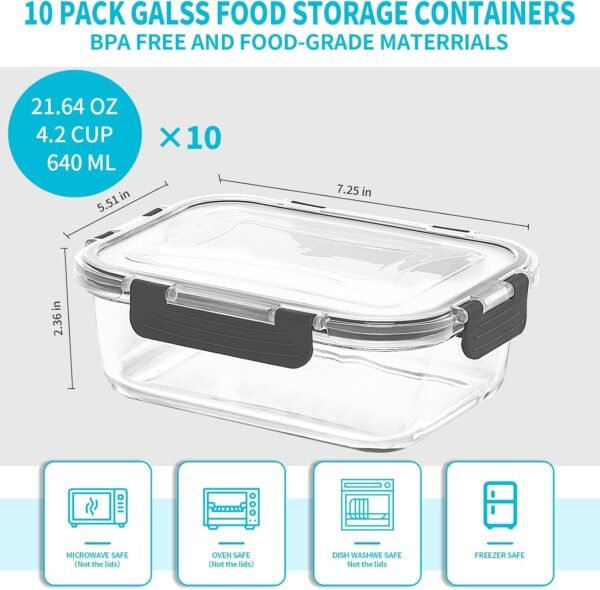 Skroam 10 Pack Glass Meal Prep Containers, Glass Airtight Food Storage Containers with Lids, Pantry Kitchen Storage Containers for Lunch, Food Storage, Meal Prep, Glass Lunch Bento Boxes - 22 OZ - Image 2