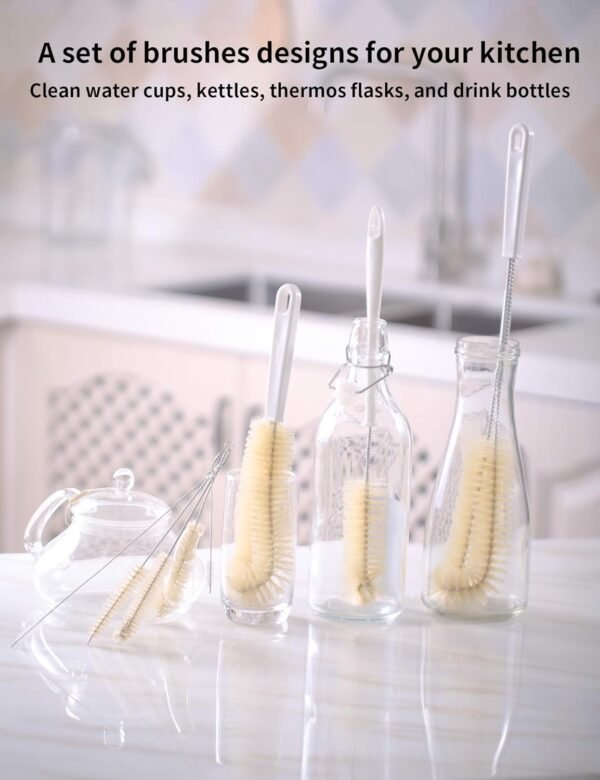 Bottle Brush Cleaner Set Long Handle Natural Pig Bristle Bottle Cleaning Kitchen Scrub for Water Bottle, Wine Decanter, Cup, Jug, Teapot, Baby Bottle, Pot, Straw (Jug Brush & Kettle Brush) - Image 3