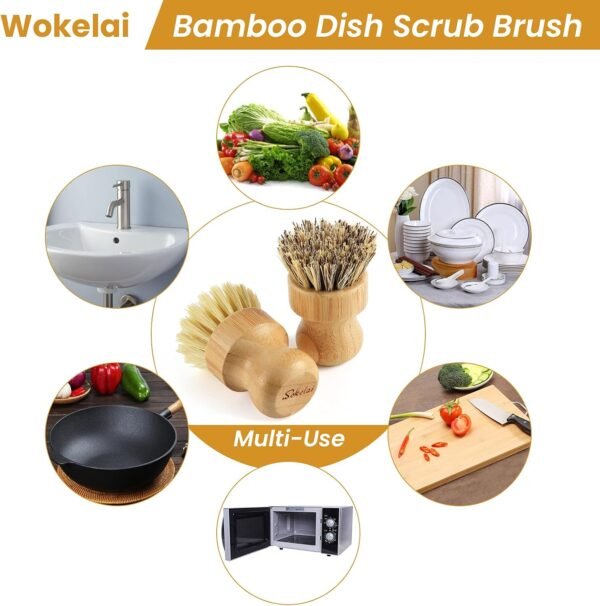 Bamboo Dish Scrub Brushes Set for Kitchen - Wooden Cleaning Scrubbers Brushes, Eco-Friendly Natural Dishes Washing Brush for Dishwashing Cast Iron Pots Pans Skillet Vegetables Sink, Set of 2 - Image 4