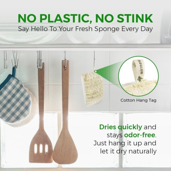 Natural Loofah Sponges for Dishes - Compostable Loofah and Cellulose Kitchen Sponges Pack of 6 - Plastic Free Loofah Dish Sponges Kitchen with Cotton Hanging Loop - Image 3