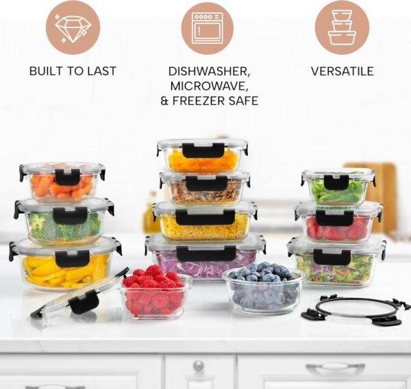 Zulay Kitchen 12 Pack Glass Meal Prep Containers with Lids - Airtight, Premium Borosilicate Glass Food Storage Containers - Microwave, Freezer & Oven Safe, BPA Free - Black - Image 4
