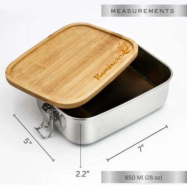 Premium Stainless Steel Bento Lunch Box. Eco-Friendly Meal Storage, Food Container With 100% Leak-Proof Multi-purpose Bamboo Lid. For Snacks, Work, Travel Use. Free Bamboo Cutlery. (28 oz) - Image 7