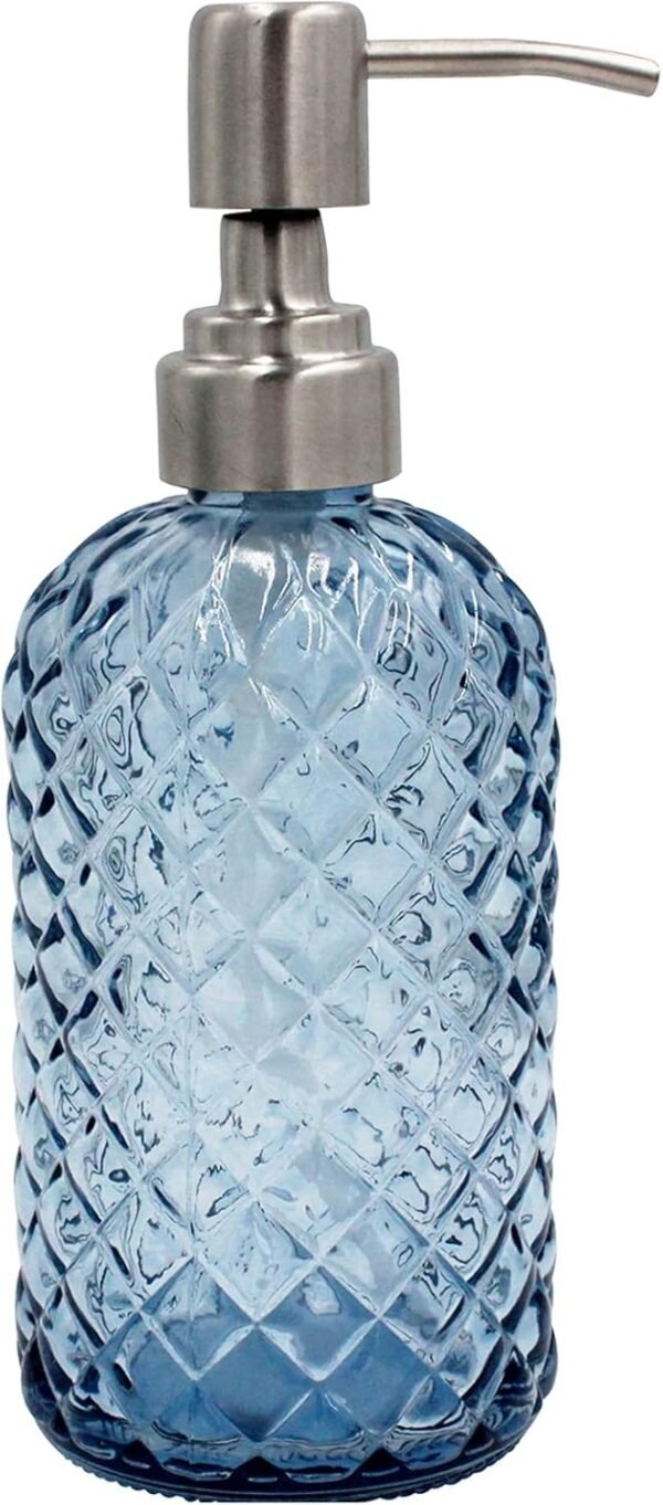 16 Oz Refillable Soap Dispenser with Rustproof Stainless Steel Pump for Kitchen and Bathroom - Liquid Glass Dispenser for Hand Soap, Lotion (Blue)