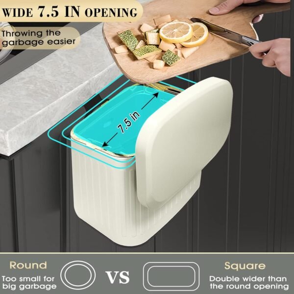 GloDeals Kitchen Trash Can with Lid, 2 in 1 Small Garbage Can Compost Bin Countertop, Wall-Mounted Under Sink Indoor Trash Bin for Kitchen, Bathroom, Cabinet Trash Can Hanging (4L, White/1.05 Gal) - Image 7