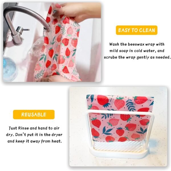 Reusable Beeswax Wrap - 9 Pack Beeswax Wraps For Food, Organic, Sustainable, Biodegradable, Zero Waste, Plastic-Free Food Storage, 1L Strawberry, 3M Orange, 5S Lemon Patterns - Image 5