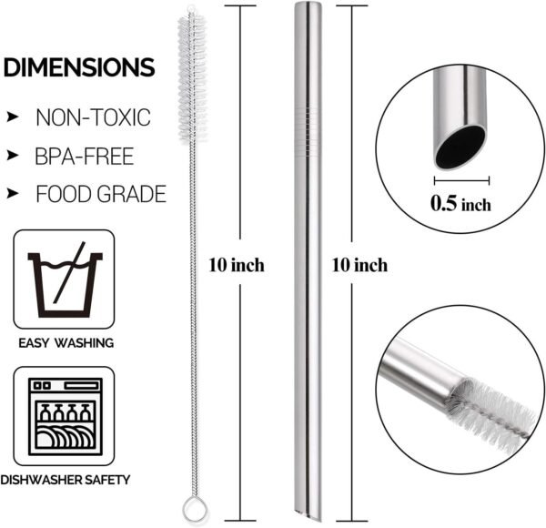 [Angled Tips] 5 Pcs 10" Reusable Bubble Tea Straws & Smoothie Straws, 0.5" Wide Stainless Steel Straws, Metal Straws for Bubble Tea/Tapioca Pearl, Milkshakes, Jumbo Drinks | 2 Cleaning Brushes - Image 2