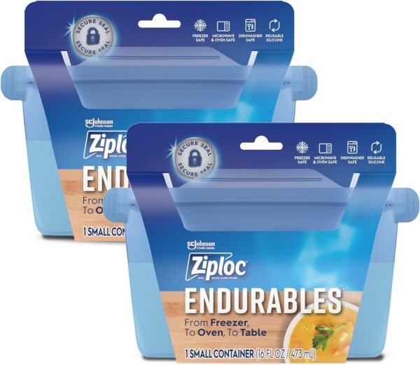 Ziploc Endurables Small Container, 2 Cups, Reusable Silicone Bags and Food Storage Meal Prep Containers for Freezer, Oven, and Microwave, Dishwasher Safe, 2 Pack