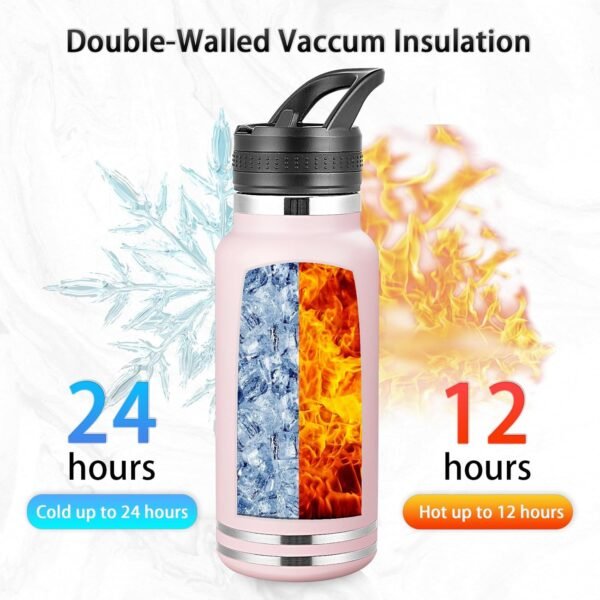 Insulated Water Bottle With Straw,32 oz Vacuum Insulated Stainless Steel Sports Water Flask with 2 Lids & 2 Straws,Keeps Cold and Hot,Metal Water Bottle Wide Mouth for Gym Travel Camping (Pink, 32oz) - Image 2