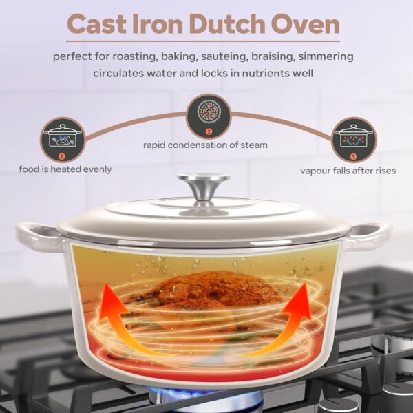 HaSteeL 6 Quart Cast Iron Dutch Oven, Pre-seasoned Enamel Cooking Stock Pot with Lid, Non-stick Round Cookware for Sourdough Bread Baking Roasting Stewing Braising Frying, Heavy Duty, Oven Safe, Khaki - Image 4