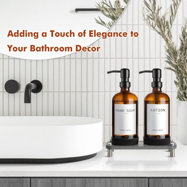 Kitchen Soap Dispenser Set with Tray, Amber Glass Soap Dispenser with Stainless Steel Pump, Hand and Dish Soap Dispenser Set, 12 Pack Labels & Instant Dry Tray, Bathroom Soap and Lotion Dispenser - Image 7