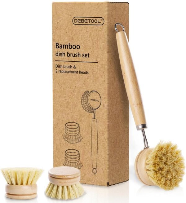 Bamboo Pot Dish Brush,3 Pack Natural Wooden Scrub Brush with Sisal Fiber,Suitable for Dishes,Pans,Pot and Other Utensils-Sustainable,Kitchen Cleaning Brush with 2 Replacement Brush Heads