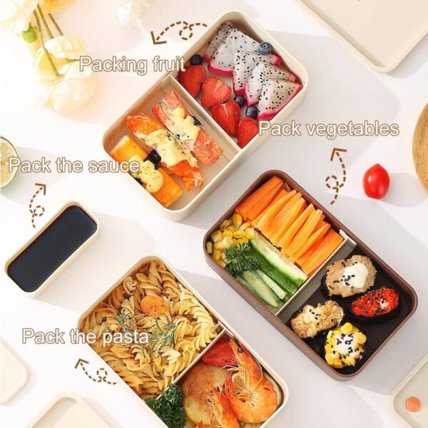 ArderLive Stackable Lunch Bento Box with Bag and Utensils, Microwave Safe, BPA-Free Eco-Friendly Lunch Containers for Adults Japanese, Yellow Denim Bag with Bonus Dip Container - Image 3