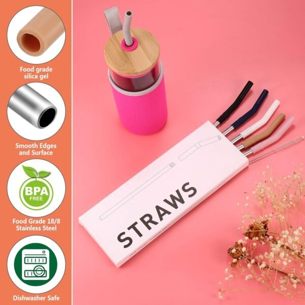 Tronco Set of 6 Stainless Steel Reusable Metal Straws with Silicone Flex Tips Elbows Cover, Metal Drinking Straws for Tronco Tumbler, 6 Steel Straws,6 Silicone Tips,1 Straw Cleaning Brush - Image 3