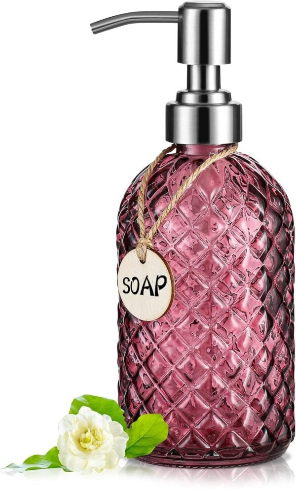 16 OZ Clear Soap Dispenser with 304 Rustproof Stainless Steel Pump Bathroom Kitchen,Soap Dispenser,Refillable Liquid Glass Soap Dispenser for Hand Soap, Dish Soap, Lotion(Purple)