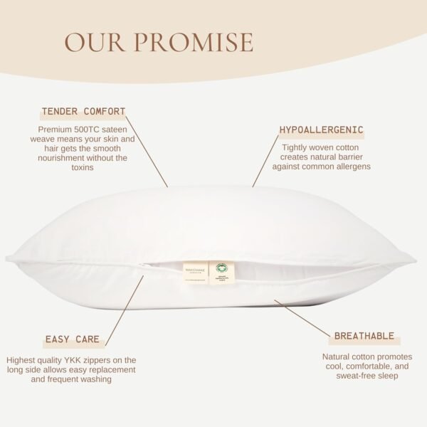 Makemake Organics Organic Cotton Pillow Protector (Set of 2) GOTS Certified Organic Pillow Cases Zippered Breathable Barrier Fits Standard (20x26, Pearl White) - Image 2