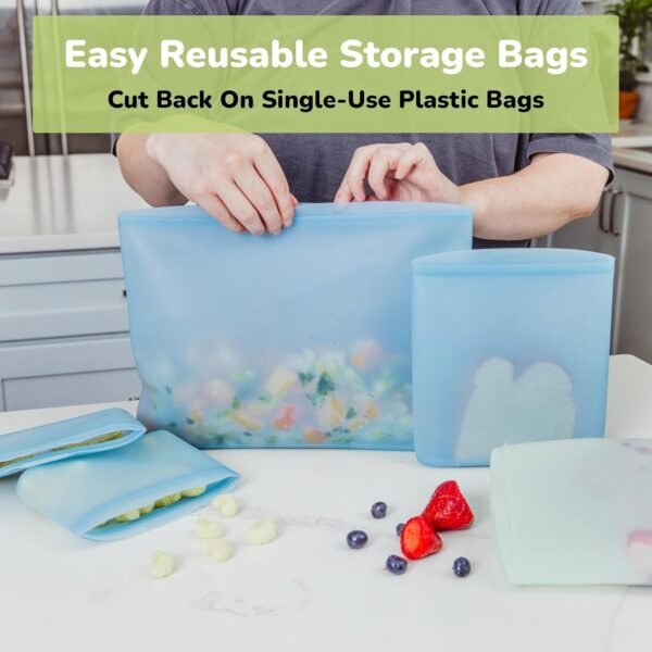 Reusable Silicone Bags (Set of 3) - 100% Food-Grade Silicone Food Storage Containers - Leakproof Reusable Food Storage Bags - Reusable Freezer Bags w/Snack, Sandwich, Quart, & Half Gallon Sizes - Image 2