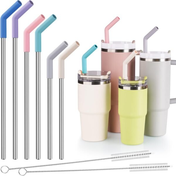 Tomorotec 6-Pack Stainless Steel Reusable Straw with Silicone Tip 3 Sizes, Metal Drinking Straws Fit for Stanley Quencher Tumblers 40oz, 30oz, 20oz, 14oz, Cleaning Brushes Included (Morandi)