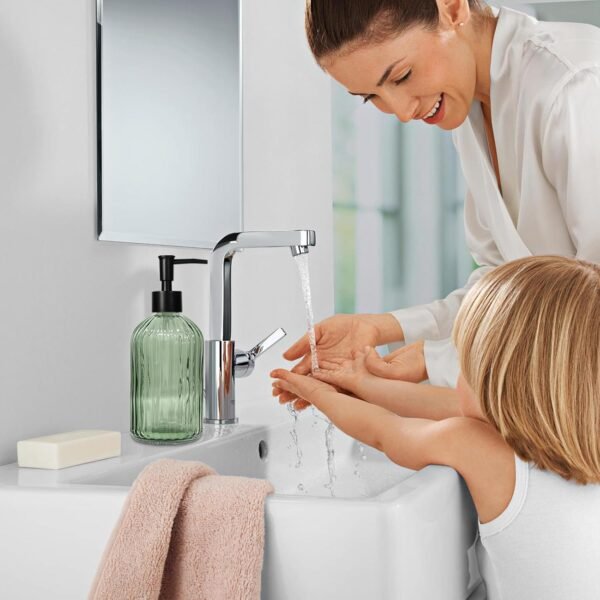 Green Glass Soap Dispenser Set with Black Pump, 13.5oz Refillable Liquid Hand Soap Dispenser, Lotion Dish Soap Dispenser for Modern Home Decor, Bathroom, Kitchen Countertop, Hotel(2 Pack) - Image 5