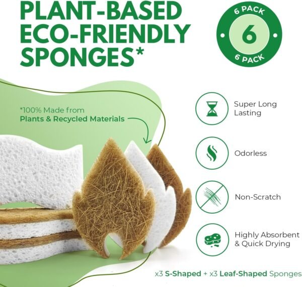 Biodegradable Natural Dish Sponges Kitchen Pack of 6 - Leaf and S-Shaped Coconut and Cellulose Sponges for Dishes and Surfaces - Eco Friendly Non-Scratch Heavy Duty Dish Scrubber Sponges Bulk - Image 2