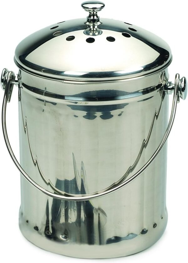 RSVP International Endurance (PAIL-SM) Stainless Steel Compost Pail with Charcoal Filters, 1/2 Gallon | Keep Food Scraps & Organic Waste for Soil | 2 Charcoal Filters for Odor Control | Dishwasher Safe
