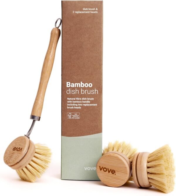 | Bamboo Dish Brush | Long Lasting Brush with 3 Replacement Heads | Natural Bristle | Eco-Friendly | Wooden Dish Brush for Washing and Cleaning Pot Pan Dish Bowl |
