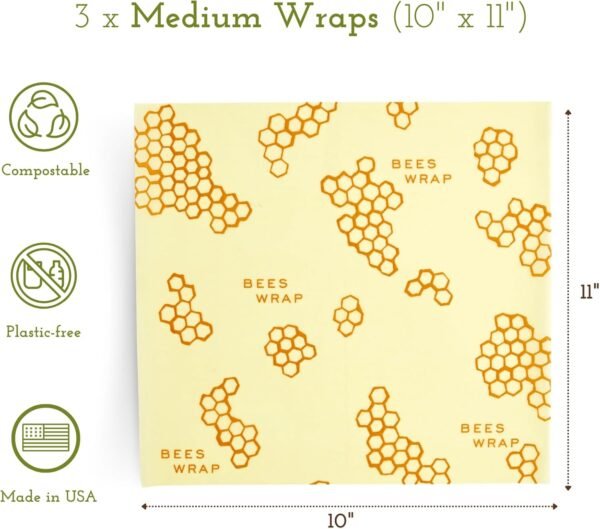 Bee's Wrap Reusable Beeswax Food Wraps Made in the USA, Eco Friendly Beeswax Wraps for Food, Sustainable Food Storage Containers, Organic Cotton Food Wraps, 3 Pack of Medium Wraps, Honeycomb Pattern - Image 3