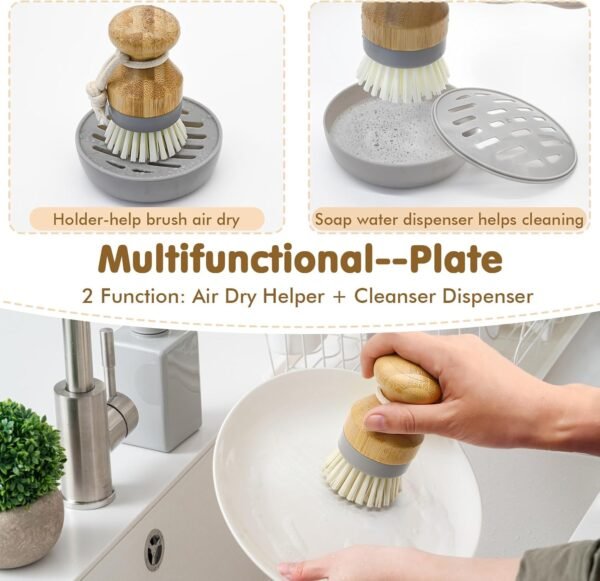 Bamboo Dish Palm Brush with Holder - 2 Pack RIMAY Wooden Replaceable Cleaning Scrub Brushes Washing Scrubber Set Kitchen Wood Dishwashing Tool for Pots,Pans,Counter&Sink - Image 3